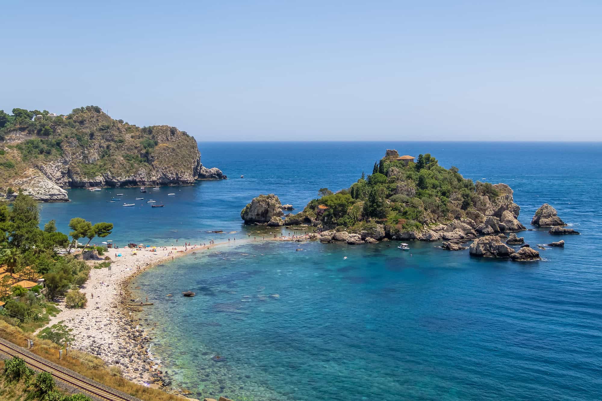 Aerial view of Isola Bella island and beach - Taormina, Sicily, Italy