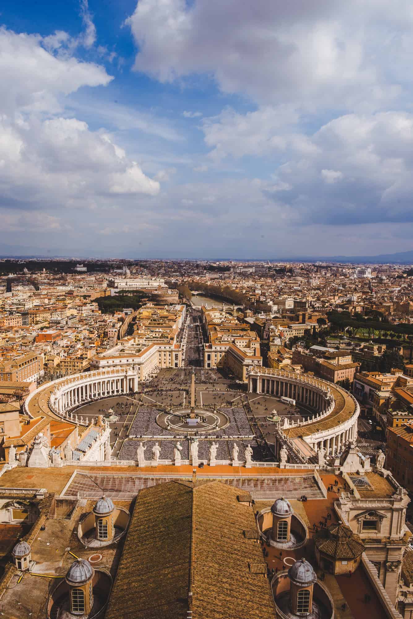 aerial view of St. Peter's square on cloudy day, Vatican, Italy