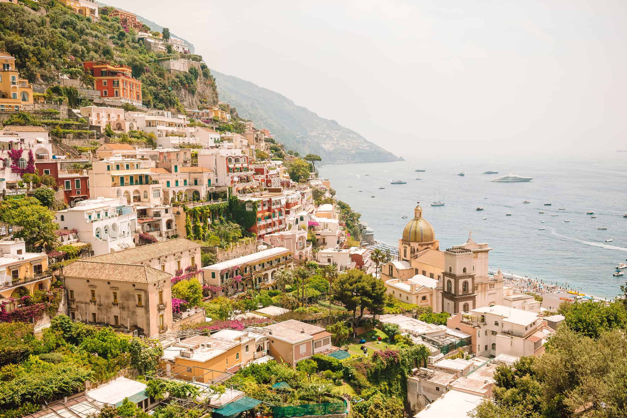 View of the town of Positano with flowers