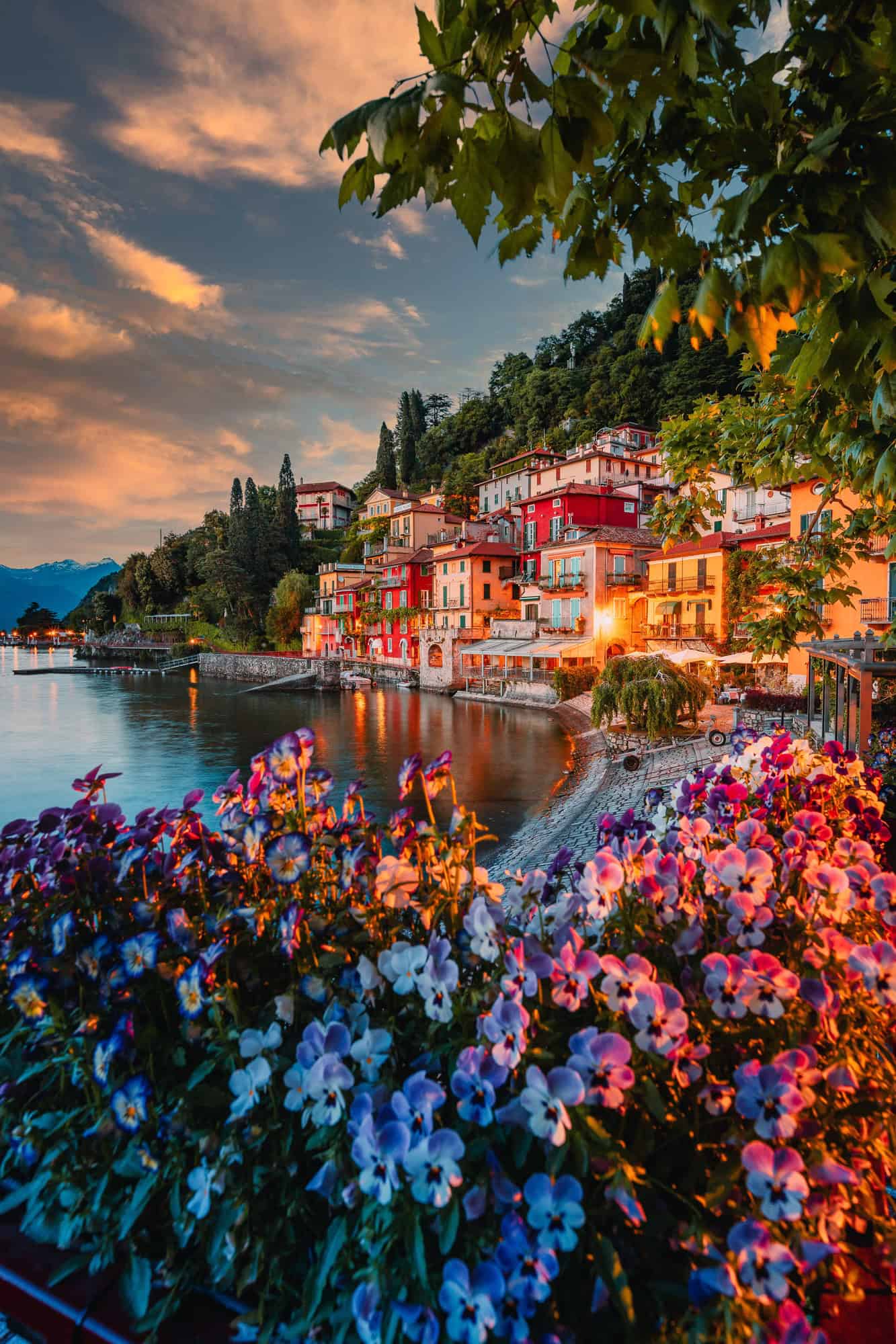 Village of Varenna on Lake Como at sunset with illuminated houses